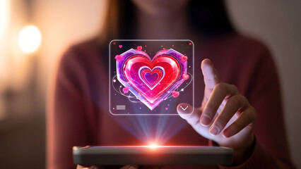 Woman holding tablet displaying a holographic heart with sparkles