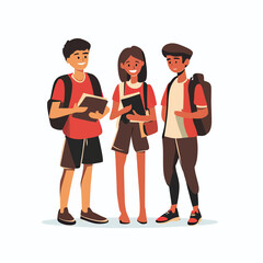 Group of smiling diverse students standing with backpacks and books wearing casual clothes in flat minimalist vector style isolated on white background