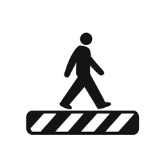 Minimalist pedestrian crossing icon in black silhouette showing walking person on striped crosswalk symbol for street safety and urban traffic design vector illustration