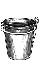 Vintage metal bucket with handle detailed engraving black and white line art illustration for rustic industrial or farmhouse style design