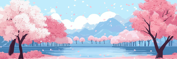 tranquil riverside landscape with blooming cherry blossom trees pink petals falling calm water reflection mountain background clear sky spring season vector illustration minimalist flat style