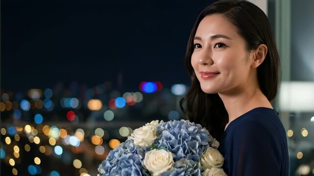 wedding flower bouquet ideas - A woman in a blue dress stands by a window at night, holding a bouquet of blue hydrangeas and white roses, with a cityscape illuminated in the background