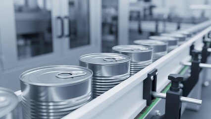 Industrial food production line with metal cans on conveyor belt