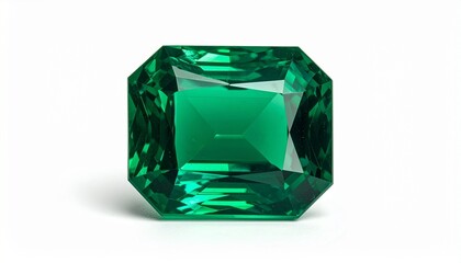 "Faceted oval emerald gemstone with vivid green brilliance and polished reflective facets on white background"