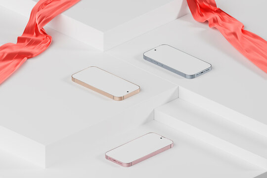 Minimalist smartphone mockup with blank screens and red ribbon