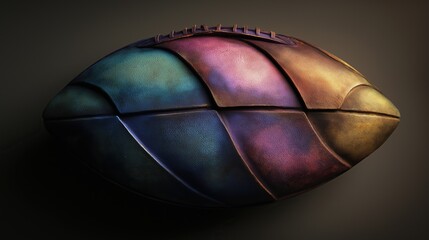 Rugby ball with colorful design on black background