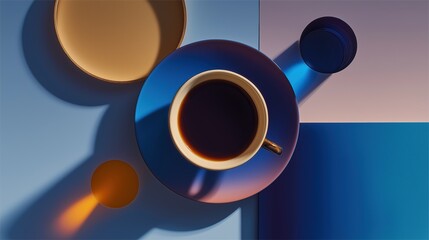 Coffee in a blue plate with colorful shadows at a table