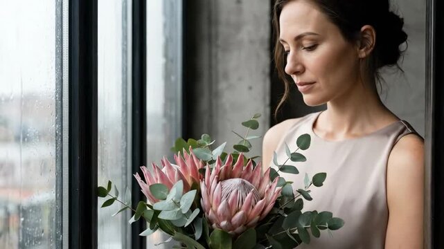 wedding flower bouquet ideas - A woman stands by a large window, holding a bouquet of pink proteas and greenery, gazing thoughtfully out at a rainy cityscape beyond