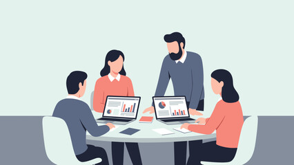Business team meeting with colleagues working on laptops and discussing project strategy, modern office collaboration concept in flat vector illustration style