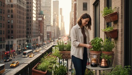 A smiling woman enjoys a peaceful and mindful moment on her urban balcony, tending to her lush potted herb garden. In the warm glow of natural light, she gently prunes fresh basil, cultivating a seren