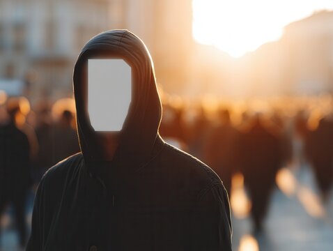 Hooded figure with a blank face standing in a crowded urban environment during sunset, representing concepts of anonymity, privacy, identity loss, solitude, and alienation in modern society