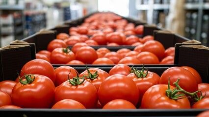 Large quantity of red tomatoes in storage crates