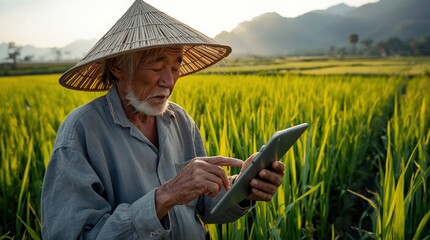 Fototapeta premium An experienced agricultural worker, wearing a traditional conical hat, thoughtfully uses a digital tablet in a vibrant green crop field under the warm glow of dawn or dusk. This image beautifully illu