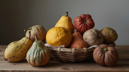 This warm and inviting still life captures a bountiful assortment of seasonal gourds and pumpkins, showcasing a variety of shapes, sizes, and earthy colors. A rustic woven basket at the center holds s