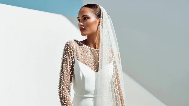 Bride elegant wedding dress pearl embellished sheer sleeves veil portrait. Beautiful woman bridal gown posing studio modern luxury fashion. Sophisticated ceremony preparation beauty makeup jewelry.