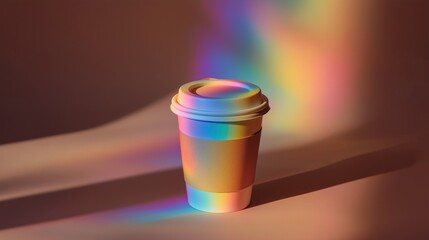 Colorful light reflects on coffee cup in warm setting