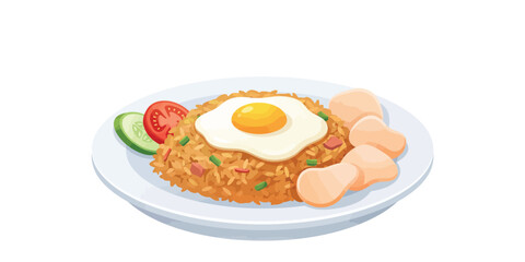 Savory Asian fried rice, elegantly presented with a golden fried egg, fresh vegetables, and crispy crackers. A traditional and satisfying meal concept