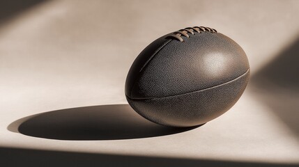 Dark colored football resting on a flat surface with shadows