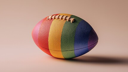 Colorful rugby ball with rainbow stripes on a plain background