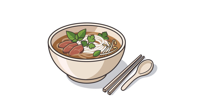 Vibrant illustration of a steaming bowl of traditional Vietnamese pho noodle soup, a comforting and flavorful culinary delight that embodies authentic Asian cuisine