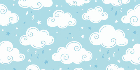 A serene illustration of clouds and rain on a light blue background with stars and swirls