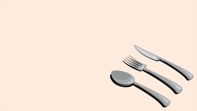 Isometric cutlery set animation with spoon, fork, and knife. Isometric cutlery. Isometric tableware. 4K video animated in isometric style