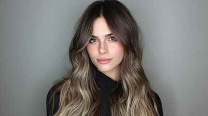 Fototapeta premium Portrait of a Beautiful Woman with Long Wavy Hair Against Wall