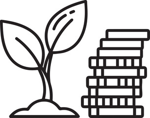 A minimalist black and white line-art vector depicting a young plant sprout growing from the soil next to a tall stack of coins, symbolizing financial growth and long-term investment.