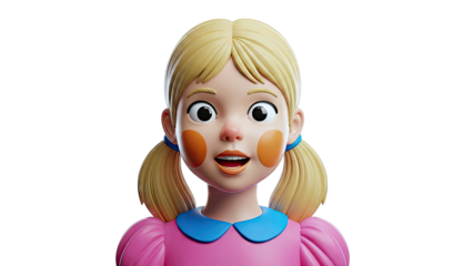 3D Cartoon Girl with Blonde Pigtails and Pink Dress