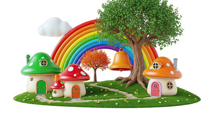 Whimsical Mushroom Houses with Rainbow and Tree