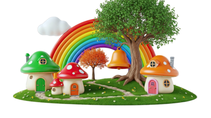 Whimsical Mushroom Houses with Rainbow and Tree
