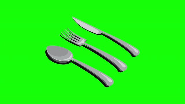 Isometric cutlery set animation with spoon, fork, and knife. Isometric cutlery. Isometric tableware. 4K video animated in isometric style