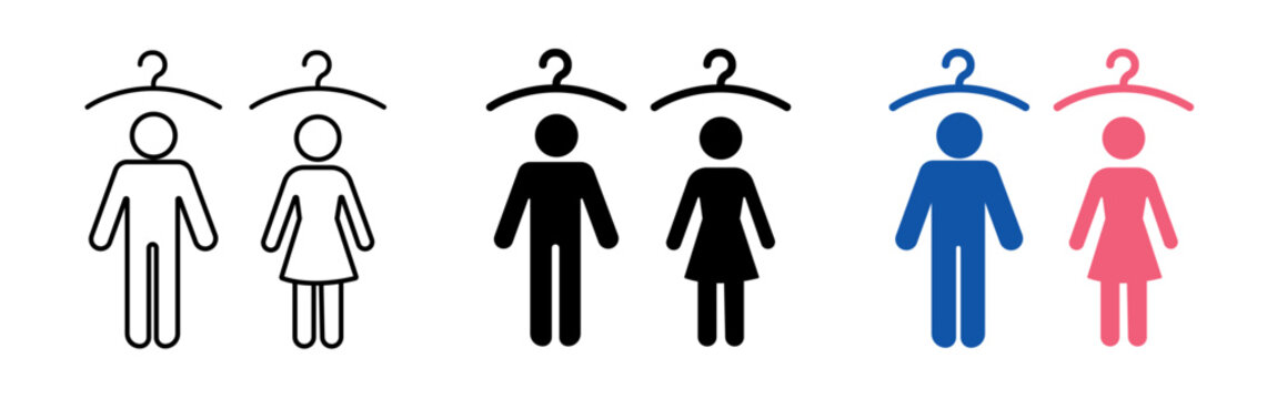 Men s and women s thin line changing rooms line icon set. WC icon, vector illustration.