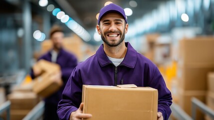 A cheerful delivery worker, dressed in a vibrant uniform, smiles broadly as he holds a package in a busy warehouse