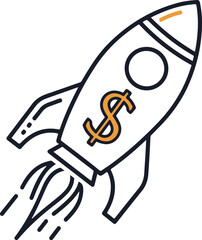 A black and white line art vector of a sleek rocket ship soaring diagonally upward, featuring an orange dollar sign on its hull to represent rapid financial growth and success.