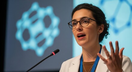 Professional Woman Delivering Engaging Scientific Presentation at Conference