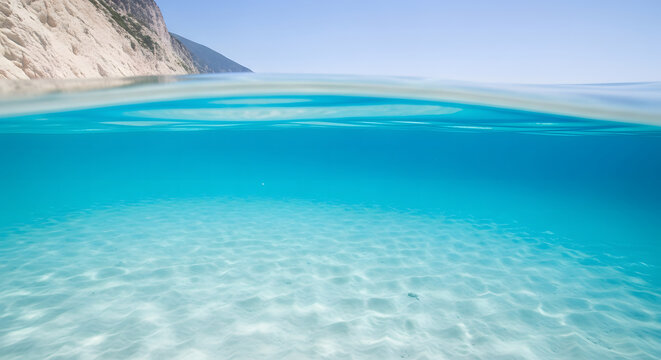 Split-level view of clear turquoise water, sandy seabed, and whi