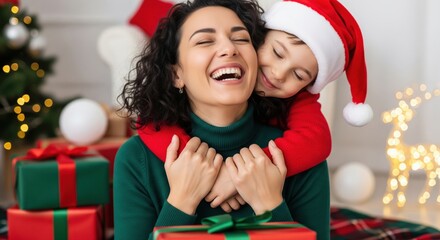 Joyful Mother and Child Embrace during Christmas Holiday Celebration