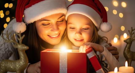 Mother Daughter Share Joy Opening Magical Christmas Gift