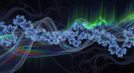Warped flowing folds are created with aurora fractal holographic waves in a night palette. Futuristic surreal concept