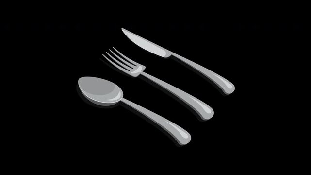 Isometric cutlery set animation with spoon, fork, and knife. Isometric cutlery. Isometric tableware. Transparent background with alpha channel