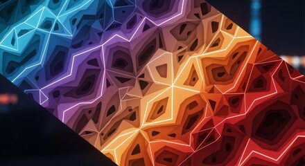 Neon glowing folds are arranged into a diagonal warped layout with a fractal mesh. Futuristic night concept