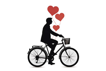 Man riding bicycle with red heart balloons