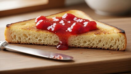 Toast with Strawberry Jam on Wooden Board.