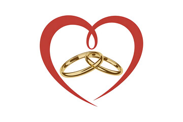 Two gold wedding rings inside a red heart shape