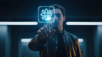 Man Touching a Glowing Digital Icon in Futuristic Environment