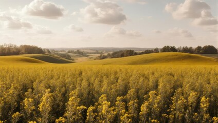 Golden Fields and Rolling Hills - A Serene Landscape Under a Cloudy Sky.