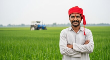 Happy Indian Farmer Smiling in Green Paddy Field