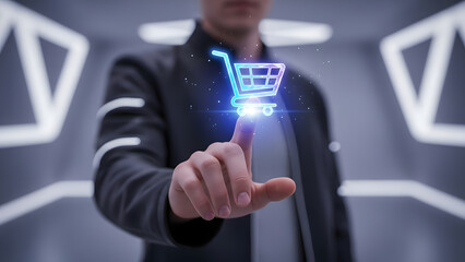 Person's Finger Touches Glowing Shopping Cart Icon in Futuristic Environment