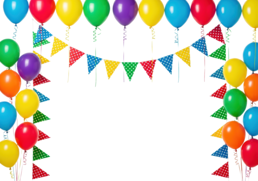 photorealistic still life of vibrant helium balloons and patterned pennant flags forming a decorative border, high-key studio lighting on a transparent background with vast copy space, concept for - Powered by Adobe